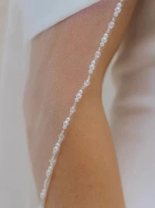 1 件手工串珠水晶新娘面纱短款珍珠装饰发梳和串珠边缘女士秋装 - 米色 - 查看 2