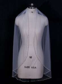 1 件手工串珠水晶新娘面纱短款珍珠装饰发梳和串珠边缘女士秋装 - 米色 - 查看 3