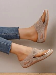 Studded Decor Hollow Out Toe Post Wedge Sandals