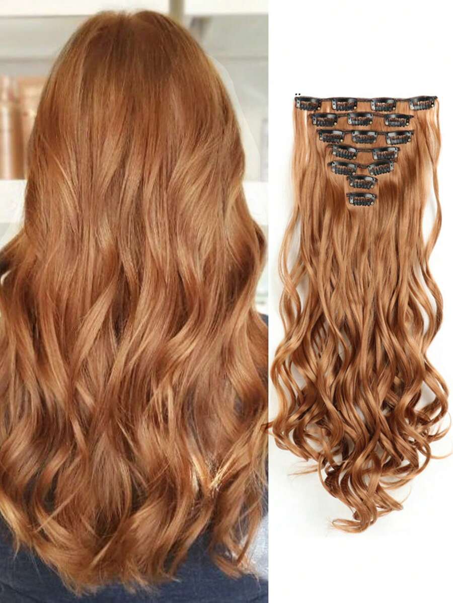 22英寸夹式接发，长款波浪卷发，7片装，隐形夹式加厚假发片，黑色，柔软全头合成纤维，女士适用 - 珊瑚橙 - 查看 1