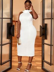 Đầm Plus Size Dây kéo Chia Nơ bướm lớn màu trơn Buổi tiệc - trắng - Xem 6