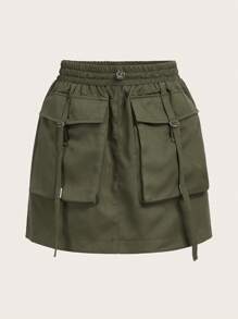 SHEIN EZwear Flap Pocket Buckle Detail Cargo Skirt - Army Green - View 1