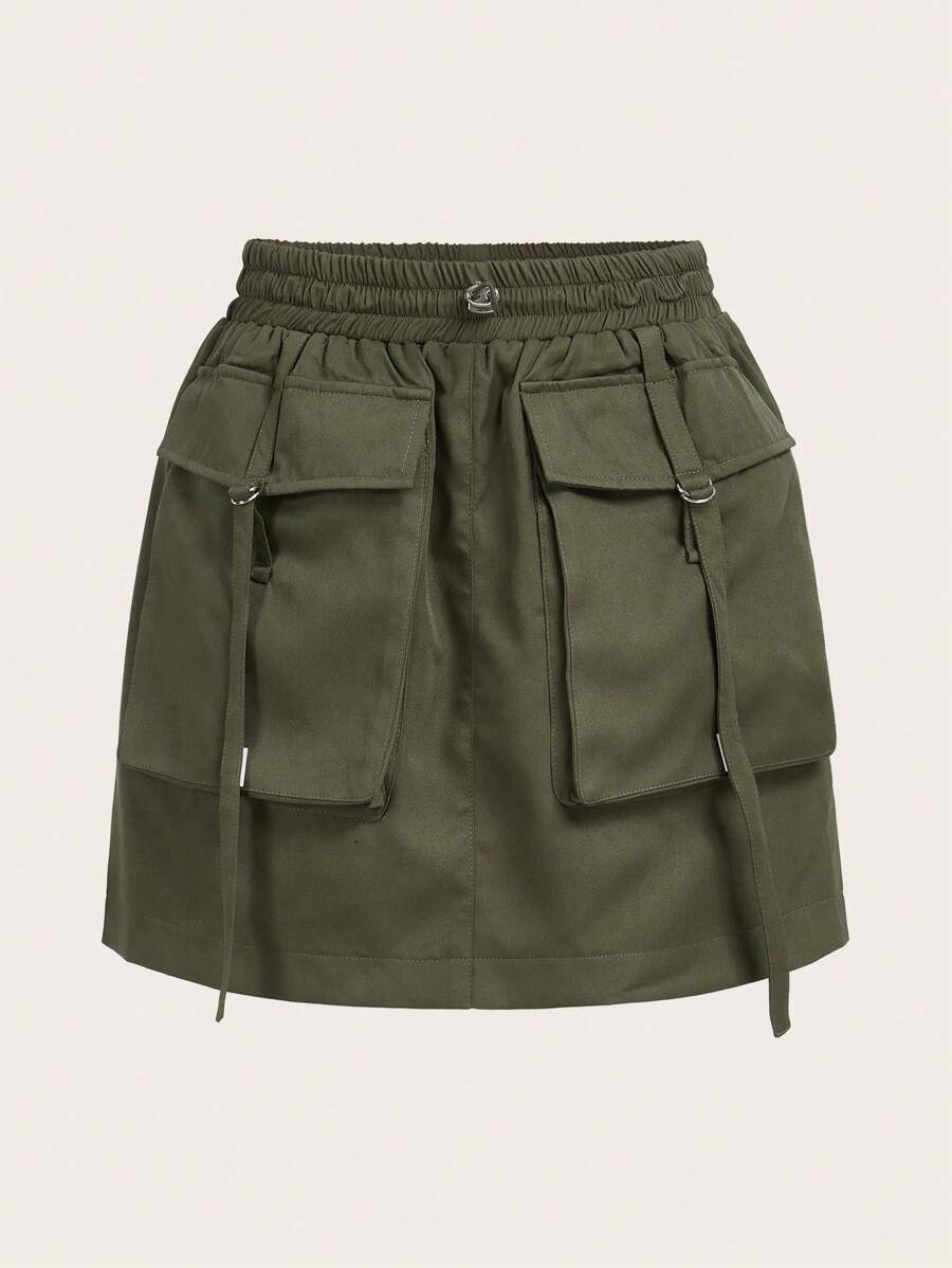 SHEIN EZwear Flap Pocket Buckle Detail Cargo Skirt - Army Green - View 1