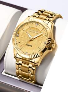 1pc Men's Party Gold-Tone Rhinestone Waterproof Luminous Quartz Wrist Watch