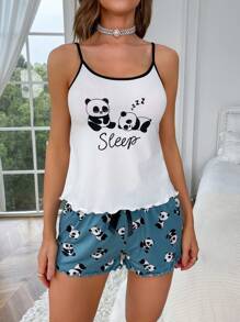 Panda & Letter Graphic Contrast Binding PJ Set - Multicolor - View 5