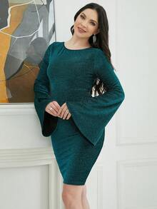 Trumpet Sleeve Glitter Bodycon Dress - Green - View 3