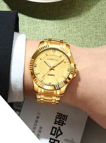 1pc Men's Party Gold-Tone Rhinestone Waterproof Luminous Quartz Wrist Watch