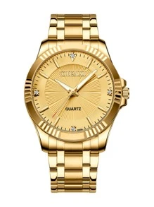 1pc Men's Party Gold-Tone Rhinestone Waterproof Luminous Quartz Wrist Watch