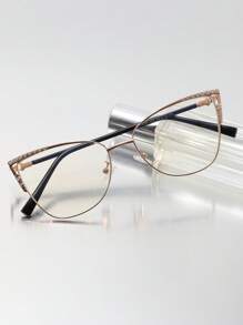 1pc Stainless Steel Cat Eye Design Rhinestone Hollow Vintage Spring Legs Eyeglasses, Glasses Suitable For Various Face Shapes - Multicolor - View 1