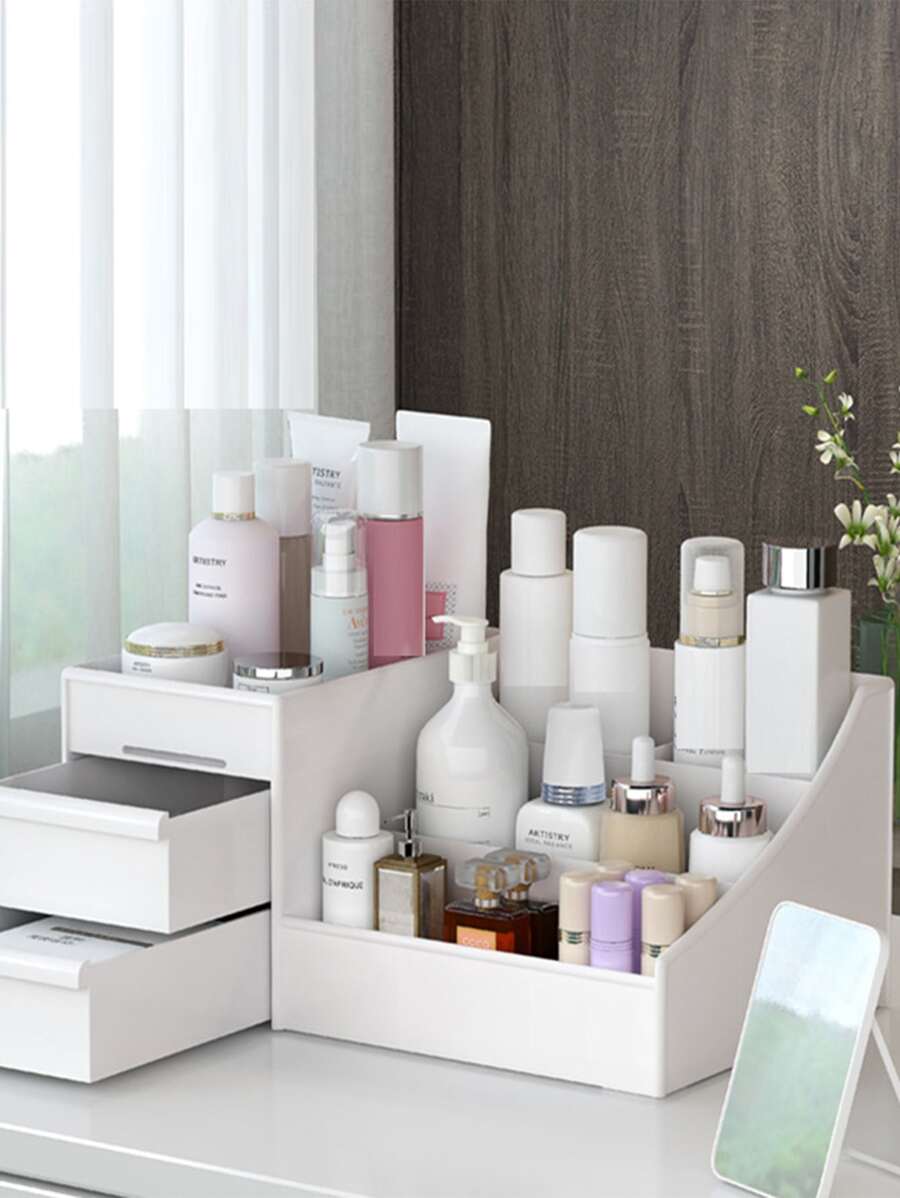 1 件桌面收纳盒透明化妆品整理器办公桌收纳架学习用品收纳篮房间装饰家居装饰浴室收纳整理文具分配器化妆品配件收纳柜海关瓶罐适用于护肤品香水口红眼影面膜彩妆眼霜化妆刷铅笔橡胶回形针订书机夹返校季浴室梳妆台宿舍学生女士礼物，适用于假日海滩、浴室收藏、卧室收藏，大容量 - 白色 - 查看 1