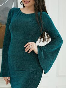 Trumpet Sleeve Glitter Bodycon Dress - Green - View 6