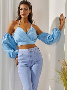 S BETRO Cold Shoulder Lantern Sleeve Crop Blouse - Baby Blue - View 4
