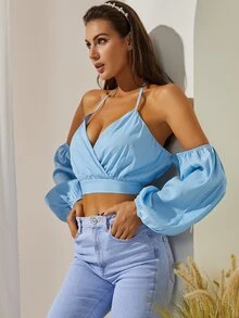 S BETRO Cold Shoulder Lantern Sleeve Crop Blouse - Baby Blue - View 5