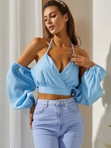 S BETRO Cold Shoulder Lantern Sleeve Crop Blouse - Baby Blue - View 6