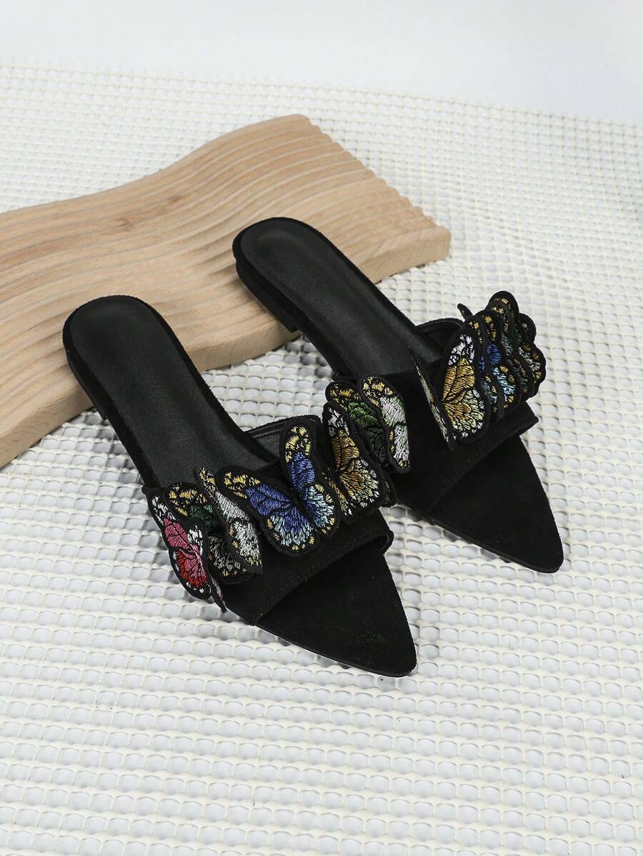 Dép trượt thời trang dành cho nữ, Faux Suede Butterfly Decor Single Band Flat Sandals - màu đen - Xem 1