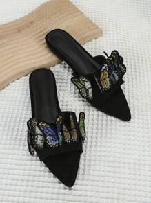 Dép trượt thời trang dành cho nữ, Faux Suede Butterfly Decor Single Band Flat Sandals - màu đen - Xem 2