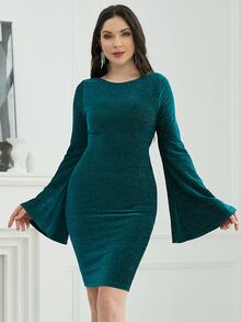 Trumpet Sleeve Glitter Bodycon Dress - Green - View 7