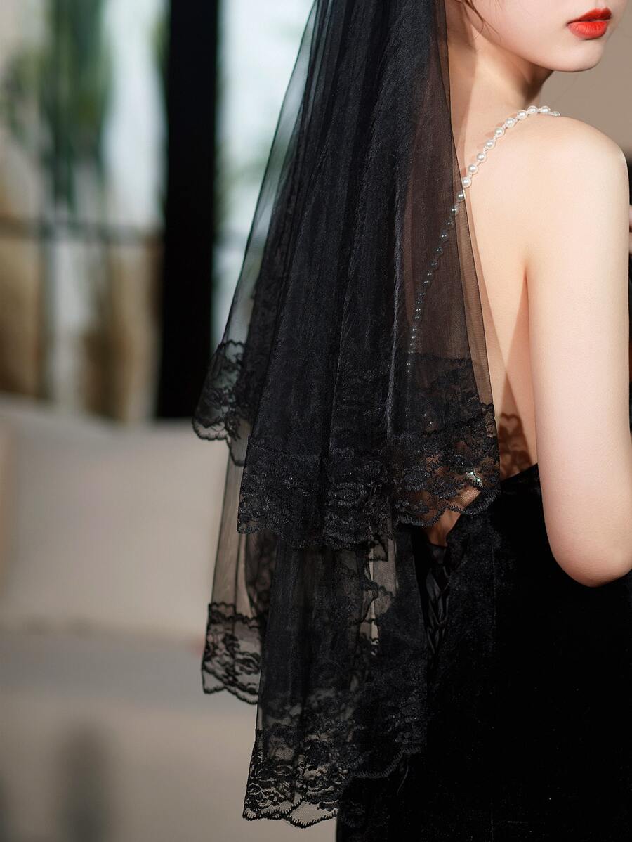 1 件女式撞色蕾丝优雅新娘面纱，适合婚礼派对服装万圣节 - 黑色 - 查看 1