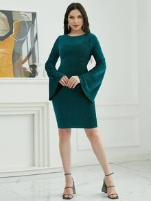 Trumpet Sleeve Glitter Bodycon Dress - Green - View 8