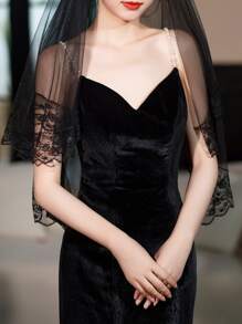 1 件女式撞色蕾丝优雅新娘面纱，适合婚礼派对服装万圣节 - 黑色 - 查看 2