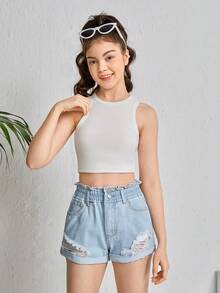 SHEIN Teen Girls Ripped Roll Up Hem Denim Shorts - Light Wash - View 4
