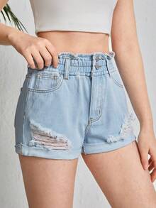 SHEIN Teen Girls Ripped Roll Up Hem Denim Shorts - Light Wash - View 3