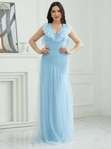 Missord Ruffle Trim Mesh Overlay Dress - Blue - View 1