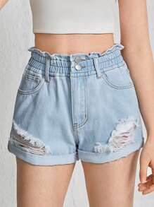 SHEIN Teen Girls Ripped Roll Up Hem Denim Shorts - Light Wash - View 1