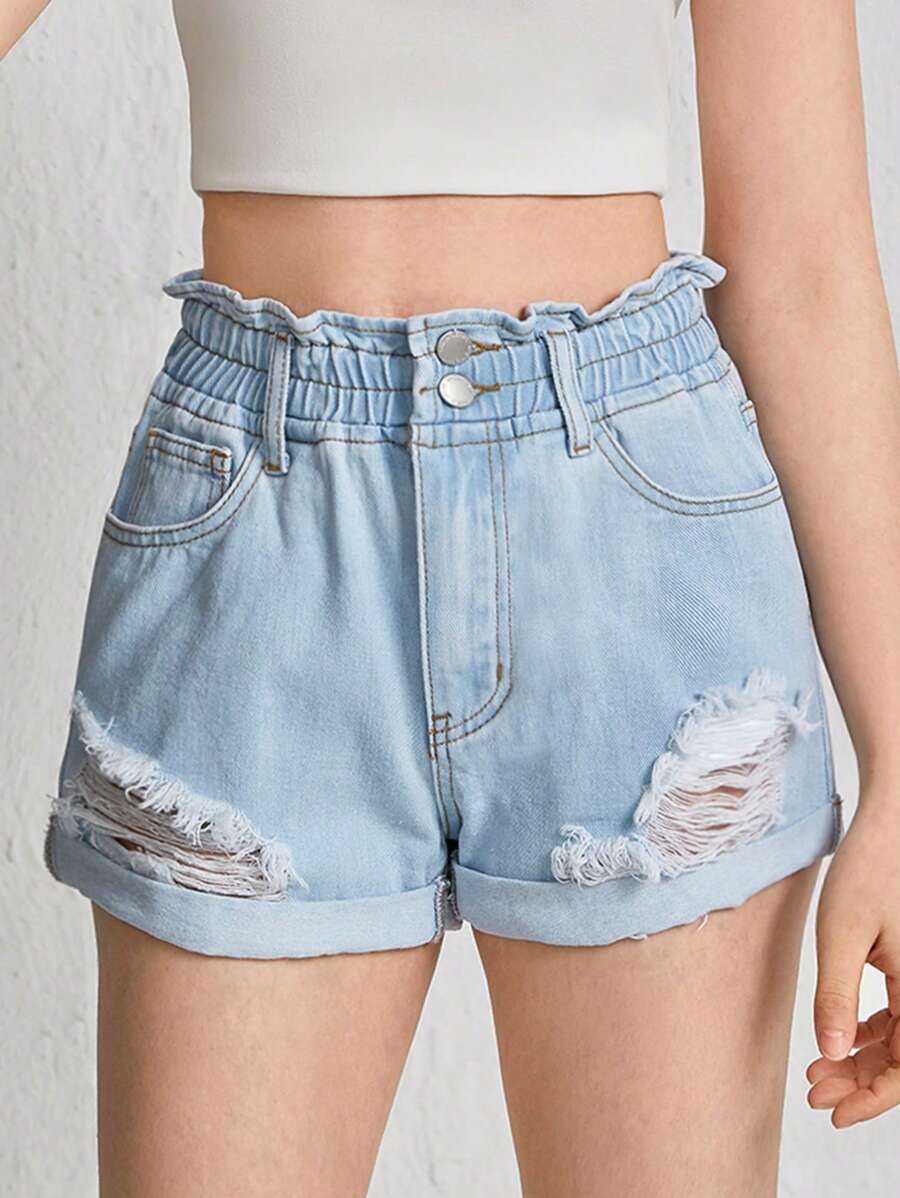 SHEIN Teen Girls Ripped Roll Up Hem Denim Shorts - Light Wash - View 1