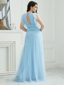 Missord Ruffle Trim Mesh Overlay Dress - Blue - View 2