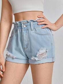 SHEIN Teen Girls Ripped Roll Up Hem Denim Shorts - Light Wash - View 6