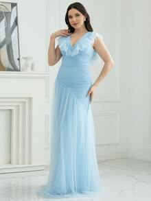 Missord Ruffle Trim Mesh Overlay Dress - Blue - View 6