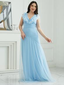 Missord Ruffle Trim Mesh Overlay Dress - Blue - View 7