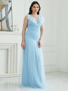 Missord Ruffle Trim Mesh Overlay Dress - Blue - View 8