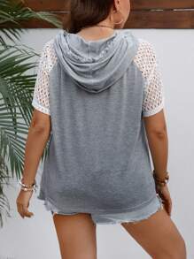 SHEIN LUNE Áo thun Plus size Tương phản ren Dây kéo Khối Màu Giải trí - Màu Xám nhạt - Xem 2