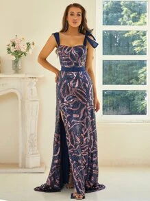 Missord Graphic Knot Shoulder Split Thigh Sequin Formal Dress - Navy Blue - View 1