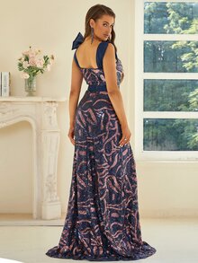 Missord Graphic Knot Shoulder Split Thigh Sequin Formal Dress - Navy Blue - View 2