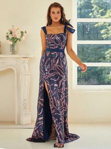 Missord Graphic Knot Shoulder Split Thigh Sequin Formal Dress - Navy Blue - View 3