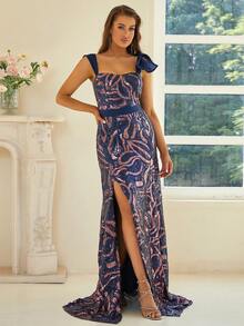 Missord Graphic Knot Shoulder Split Thigh Sequin Formal Dress - Navy Blue - View 6