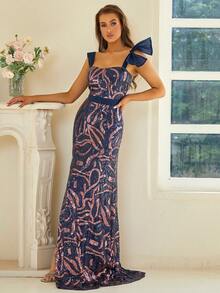 Missord Graphic Knot Shoulder Split Thigh Sequin Formal Dress - Navy Blue - View 7