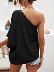 SHEIN Clasi One Shoulder Batwing Sleeve Blouse - Black - View 2