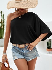 SHEIN Clasi One Shoulder Batwing Sleeve Blouse - Black - View 4