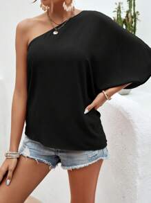 SHEIN Clasi One Shoulder Batwing Sleeve Blouse - Black - View 5