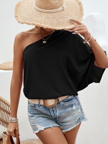 SHEIN Clasi One Shoulder Batwing Sleeve Blouse - Black - View 6