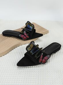 Dép trượt thời trang dành cho nữ, Faux Suede Butterfly Decor Single Band Flat Sandals - màu đen - Xem 5