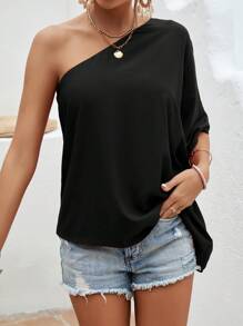 SHEIN Clasi One Shoulder Batwing Sleeve Blouse - Black - View 7