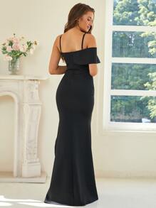 Missord Asymmetrical Neck Ruffle Trim Sequin Dress