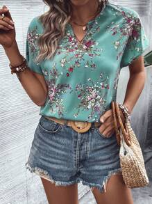 SHEIN LUNE Floral Print Notched Neck Batwing Sleeve Blouse - Cadet Blue - View 4