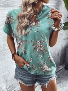 SHEIN LUNE Floral Print Notched Neck Batwing Sleeve Blouse - Cadet Blue - View 5