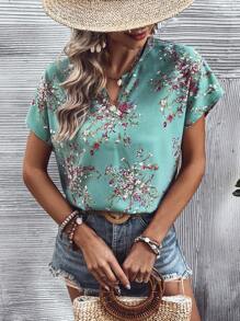 SHEIN LUNE Floral Print Notched Neck Batwing Sleeve Blouse - Cadet Blue - View 1